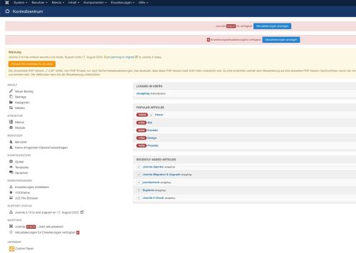 Backend-Hinweis in Joomla 3 mit dem Hinweis auf die neu verfügbare Joomla-Version 4.